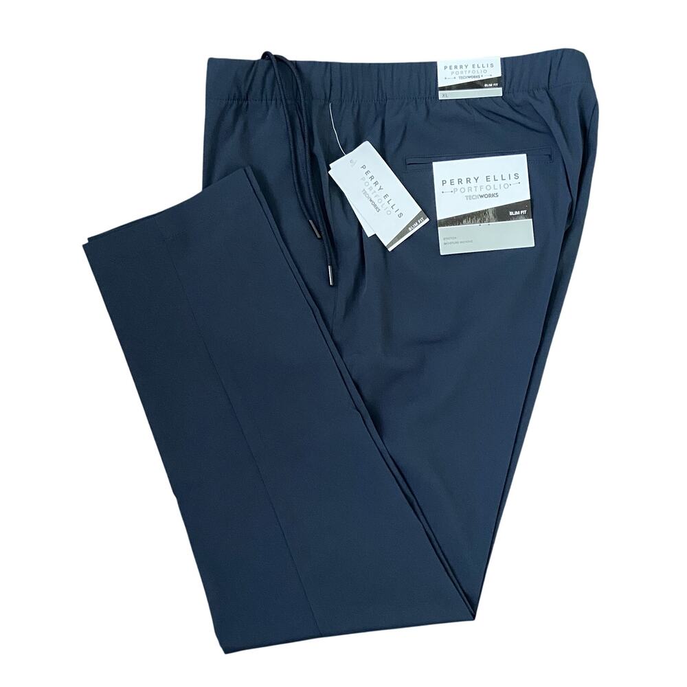 Perry Ellis Portfolio Pants Men's XL TechWorks Slim Fit Drawstring Dark Blue NEW